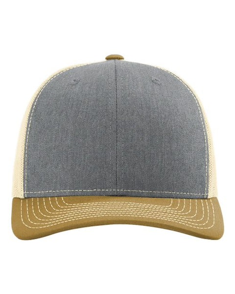 Richardson 112 — Snapback Trucker Cap — Heather Grey/ Birch/ Amber Gold front
