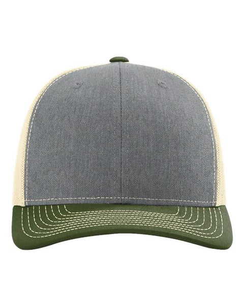 Richardson 112 — Snapback Trucker Cap — Heather Grey/ Birch/ Army Olive front
