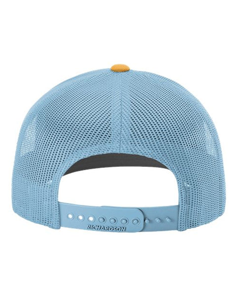 Richardson 112 — Snapback Trucker Cap — White/ Columbia Blue/ Yellow back