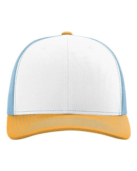 Richardson 112 — Snapback Trucker Cap — White/ Columbia Blue/ Yellow front