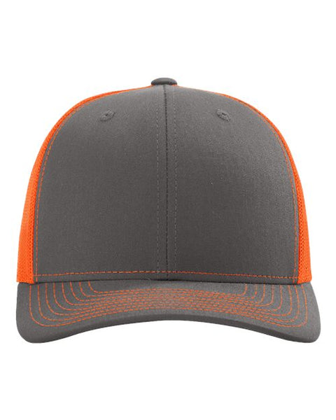 Richardson 112 — Snapback Trucker Cap — Charcoal/ Neon Orange front