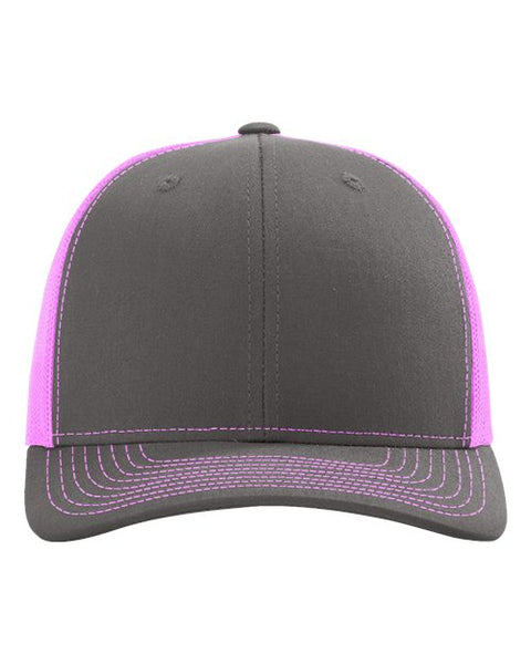 Richardson 112 — Snapback Trucker Cap — Charcoal/ Neon Pink front
