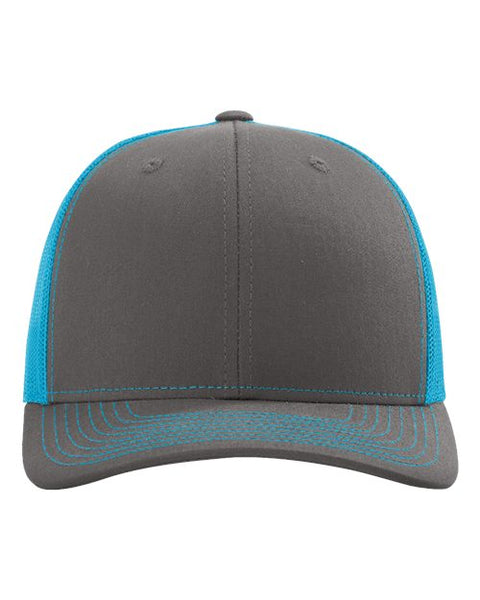 Richardson 112 — Snapback Trucker Cap — Charcoal/ Neon Blue front