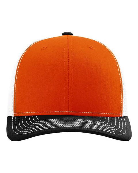 Richardson 112 — Snapback Trucker Cap — Orange/ White/ Black front