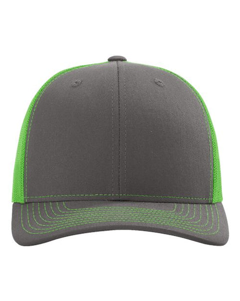 Richardson 112 — Snapback Trucker Cap — Charcoal/ Neon Green front